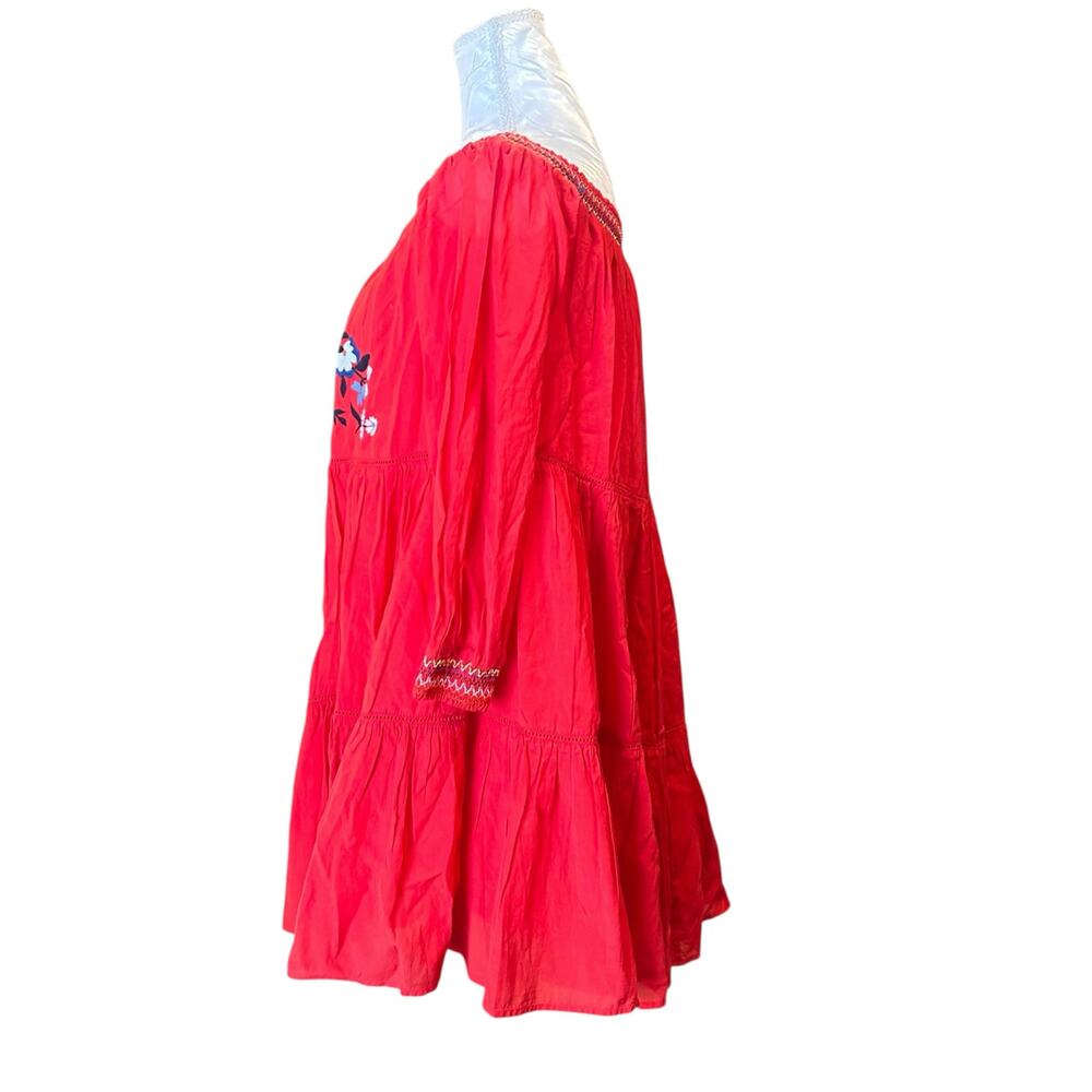 Free People Red Tiered Mini Dress Womens Sz Medium Sunbeams Embroidered Boho - Picture 9 of 16